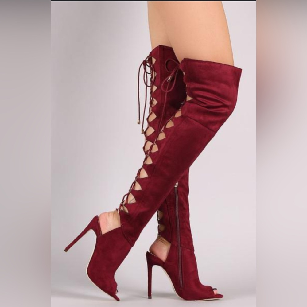 Sexy Back Lace Up Burgundy red Cut Out Peep Toe Over-knee Long Boot
Duonne